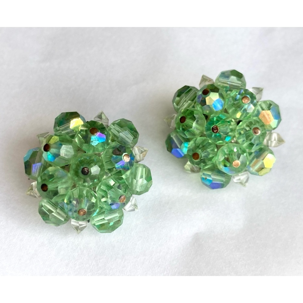 Vintage Laguna AB Cluster Earrings Green Sparkly Crystal Clip-On